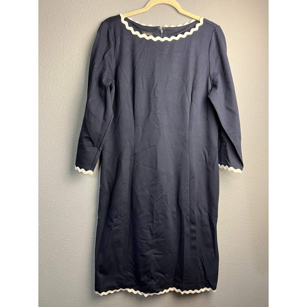 Talbots Navy Blue‎ Scalloped Trim Ponte Sheath Dress 3/4 Sleeve Size 12 NEW